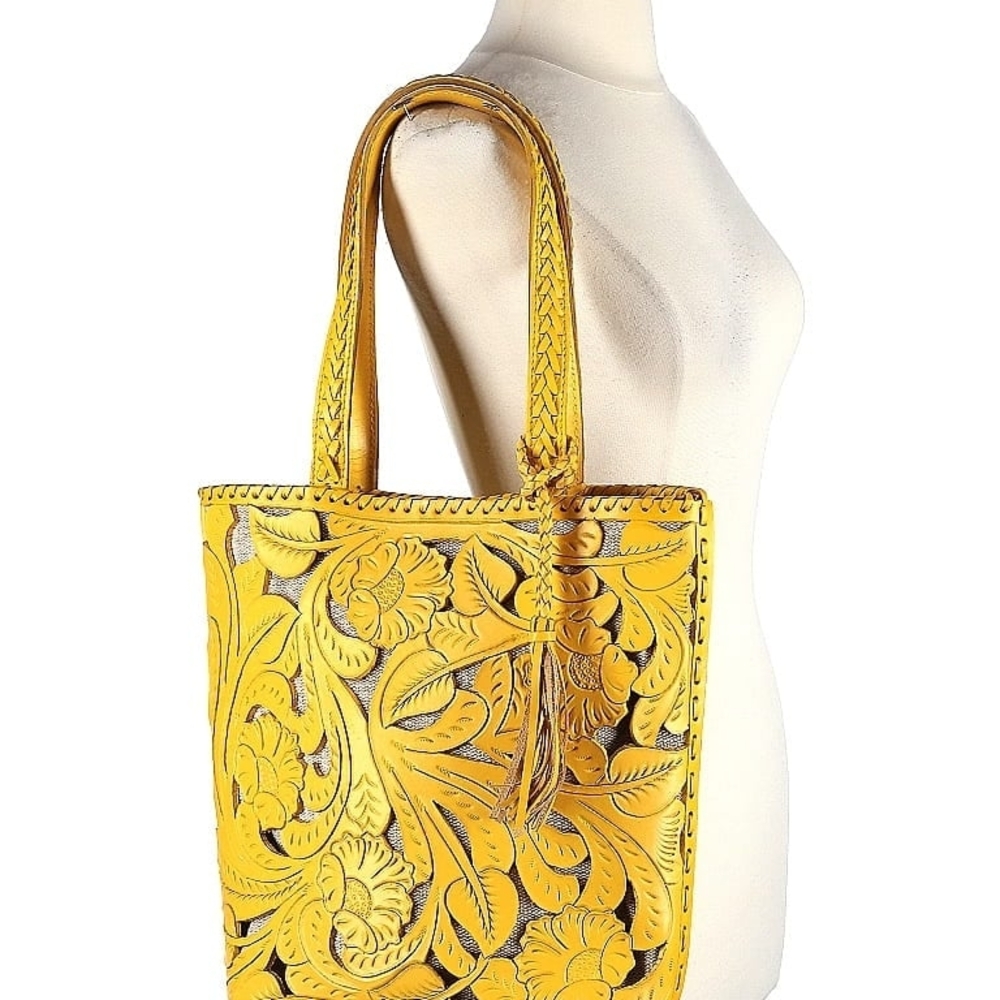 NWOT Yellow Floral Genuine Leather Tote Bag